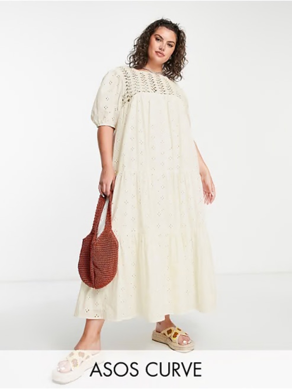 ASOS Design Curve Cream Broderie Crochet Maxi Dress Lace Eyelet Boho Cottage 6